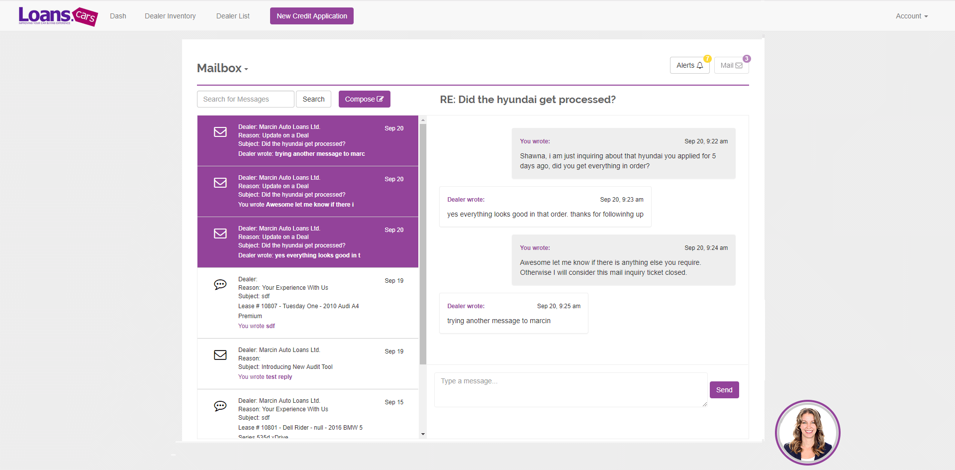 Administrator Main - Dashboard - Mailbox - conversation with dealer