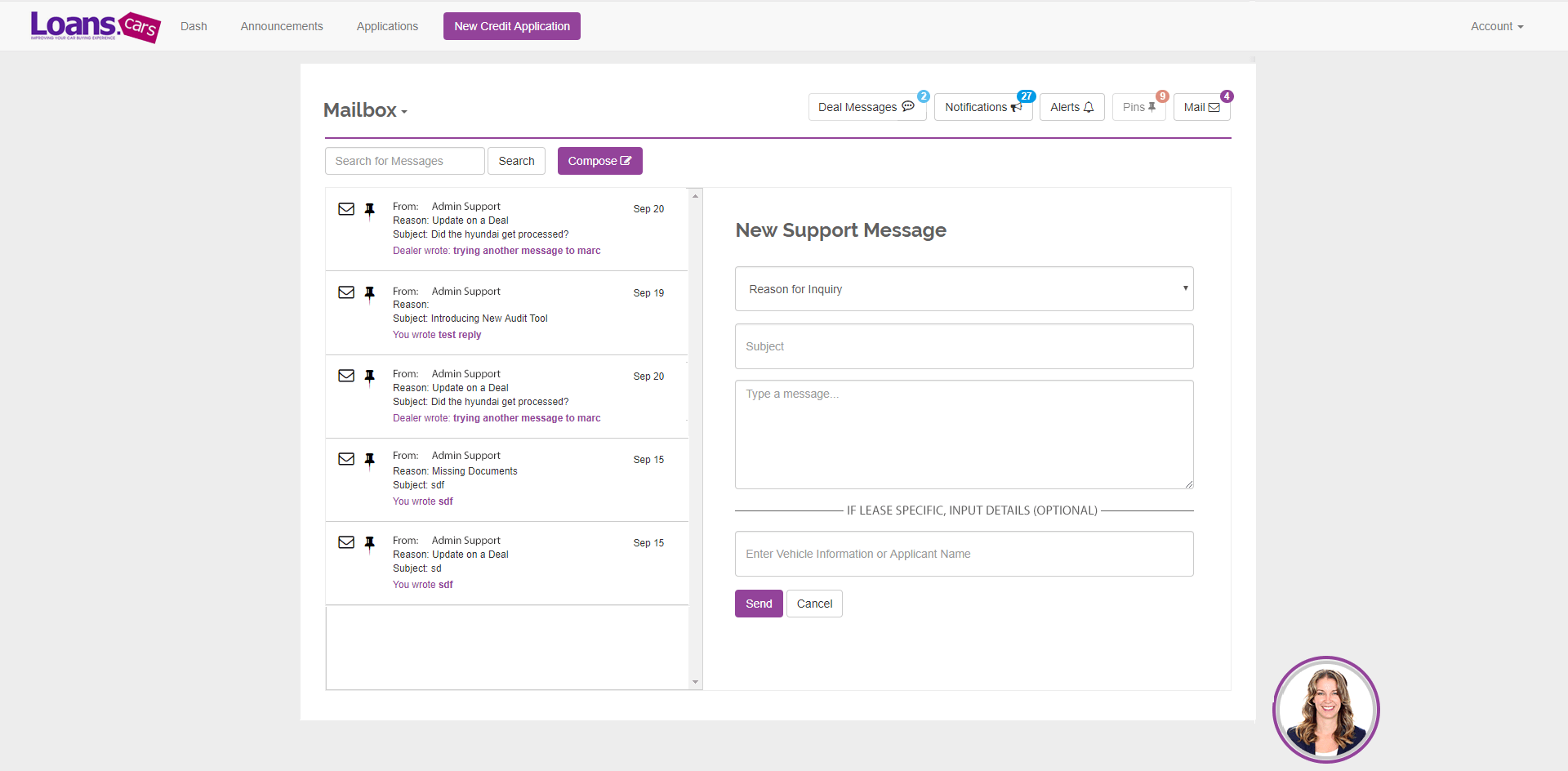 Dealer communication portal - mailbox list - new support message