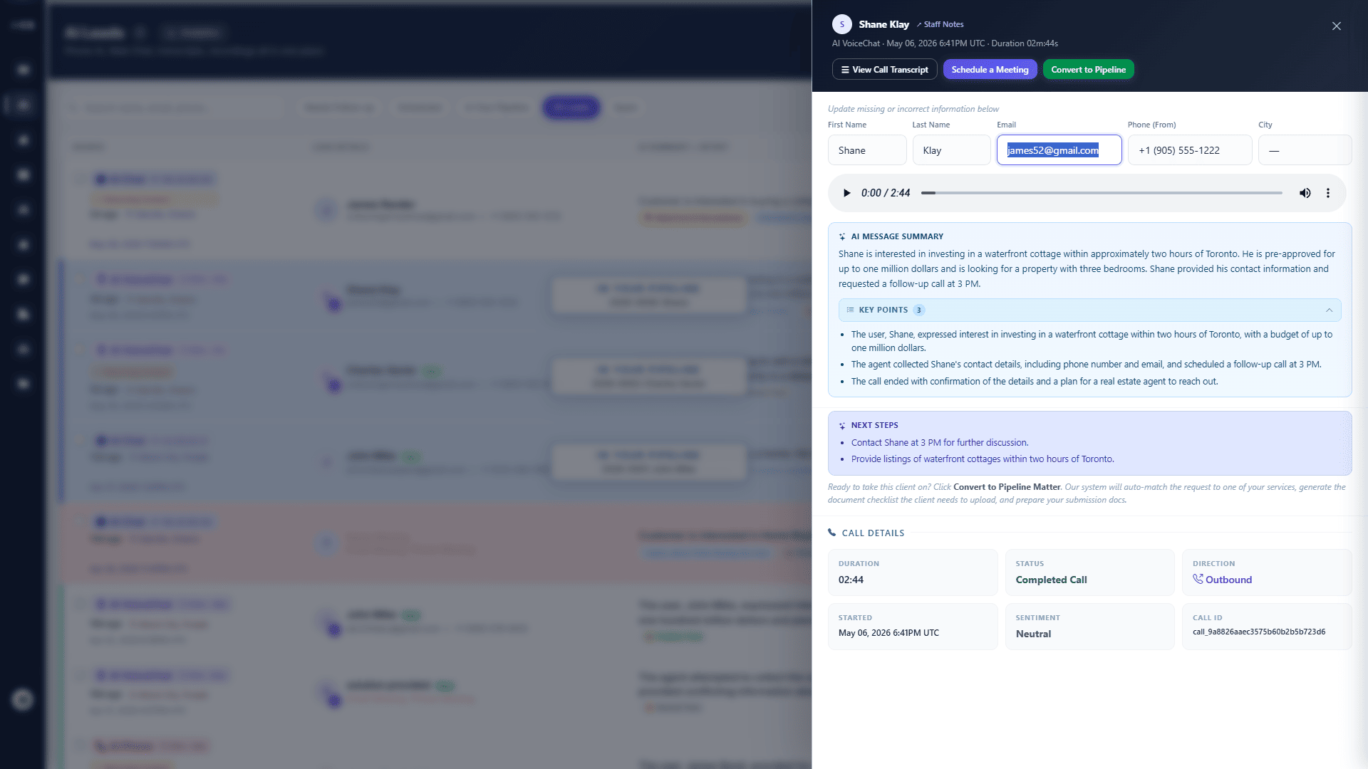 Lead detail with transcript and AI summary