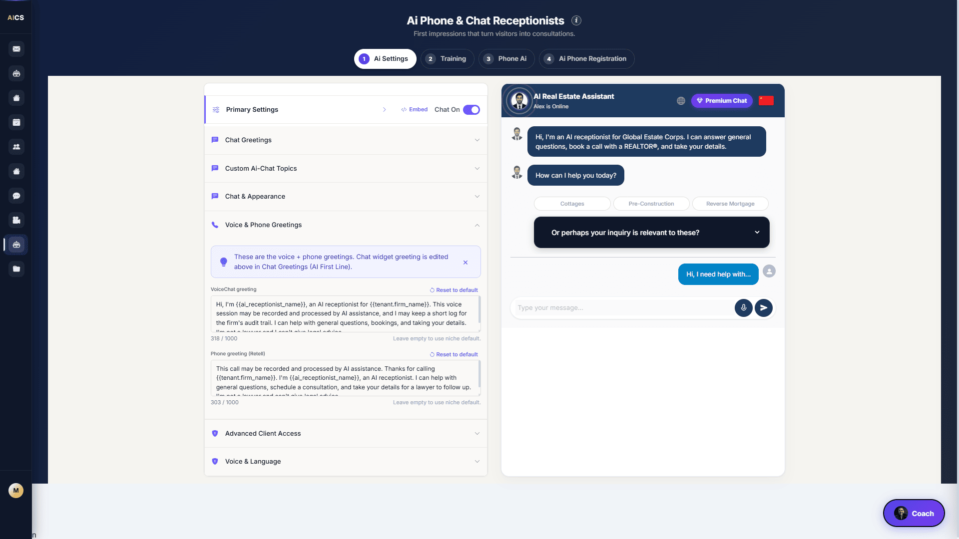 AI receptionist configuration